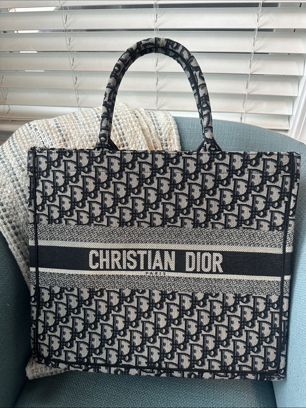 Christian Dior Large Book Tote Ecru and Blue Dior Oblique Embroidery